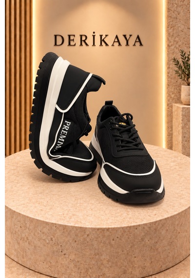 Deri Kaya Erkek Premium Kalın Taban Bağcıklı Günlük Sneaker Spor Ayakkabı Siyah