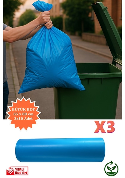 Premium Büyük Boy Çöp Poşeti 65x80 Cm 3x10 Adet Ev Mutfak Banyo İş Ofis Avantajlı Ekonomik Paket