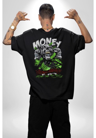 Dolar Kurukafa Pamuklu Unisex Oversize Sırt Dijital Baskılı Siyah T-shirt Siyah Dolar Kurukafa Pamuklu Unisex Oversize Sırt Dijital Baskılı Siyah T-shirt Siyah