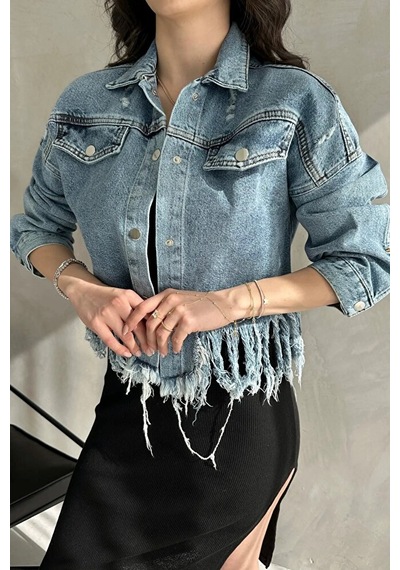 Nido Moda Püskül Detaylı Denim Crop Ceket Mavi