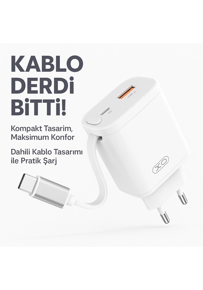 30w Gan Hızlı Şarj Cihazı Usb-a Usb-c Çıkışlı, Entegre Kablolu