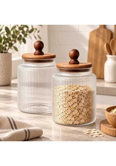 2'li 1200 Ml Akasya Kapaklı Çizgili Cam Kavanoz Saklama Seti Çok Renkli