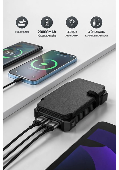 Exenar - Siyah - Güneş Enerjili Powerbank 4 Solar Panel Taşınabilir Şarj Cihazı Kendinden Kablolu Led Fenerli 20000mah Black Exenar - Siyah - Güneş Enerjili Powerbank 4 Solar Panel Taşınabilir Şarj Cihazı Kendinden Kablolu Led Fenerli 20000mah Black