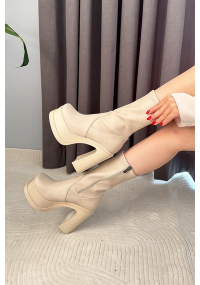 Preshley Kadın Lestina Bej Strec 12 Cm Platform Topuklu Kadın Bot K-2060