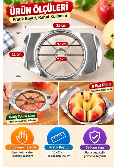 Elma Kesici Paslanmaz Çelik 8 Dilim Meyve Sebze Dilimleyici Pratik Mutfak Kesme Aparatı Ergonomik Xl Gümüş