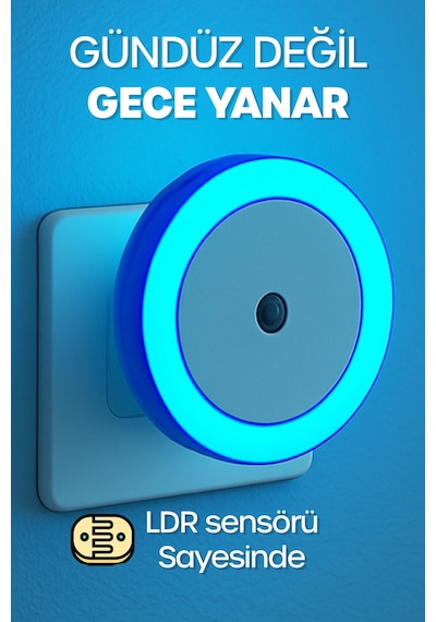 Yuvarlak Otomatik Gece Lambası Işığa Duyarlı Karanlık Ldr Sensörlü Koridor Mavi Gc01 Mavi