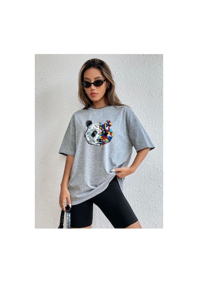 Medinenur Unisex Panda Baskılı T-shirt Gri