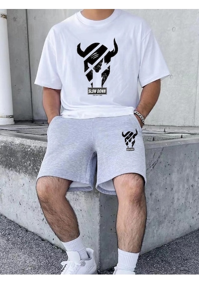 Unisex Oversize Slow Down Baskılı Bisiklet Yaka Beyaz T-shirt Gri Şort Beyaz Gri Unisex Oversize Slow Down Baskılı Bisiklet Yaka Beyaz T-shirt Gri Şort Beyaz Gri