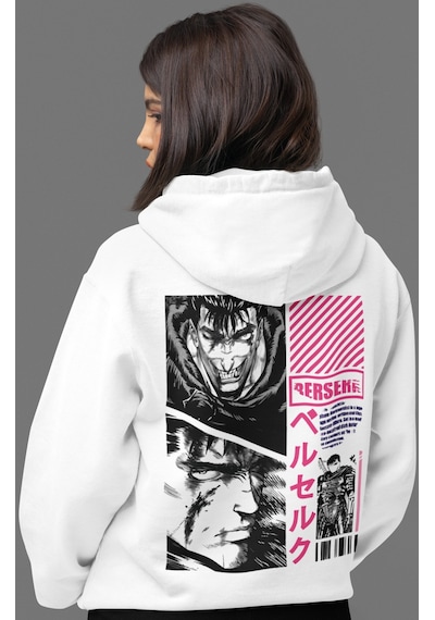 Sevbano Tasarım Berserk Guts Anime Sırt Baskılı Unisex Oversize Penye Hoo beyaz