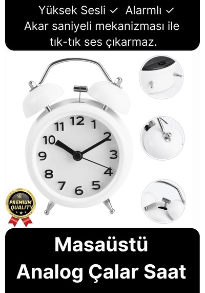 Premium Kalite Dekoratif Pilli Yüksek Sesli Alarmlı Çift Çan Formlu Masaüstü Mini Analog Çalar Saat