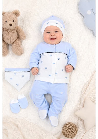 Sitilin Erkek Bebek 5'li Hastane Çıkışı Seti %100 Pamuk Yenidoğan Bebek Hediyesi Zıbın Takımı Mavi Stl7205 Beyaz