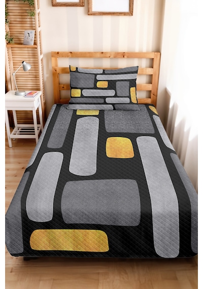 Geometrik Antrasit Sarı Genç Odası Tek Kişilik Pike Takımı - Modern Gri 160x220 Cm Yatak Örtüsü Mumlu Toprak Örtüsü