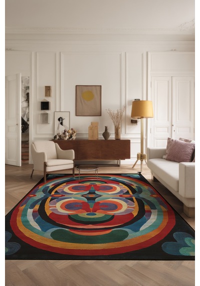 Artevo 05 Renkli Püsküllü Siyah Soyut Desenli Halı Modern Mutfak Koridor Oturma Odası Salon Halısı Renkli K