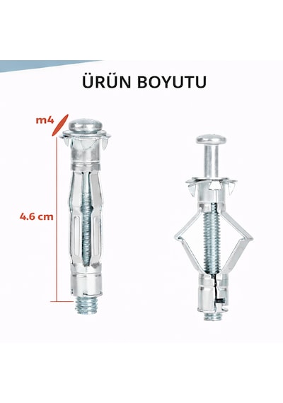 4x46 Metal Paraşüt Dübeli Alçıpan, Çelik, Tuğla & Bims Duvar Uyumlu Boşluk Dübel 5 Adet