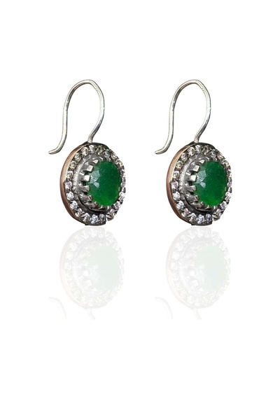 Oya Silver Yuvarlak Doğal Zümrüt Taşlı Gümüş Kadın Küpe 2.6x1.5 Cm