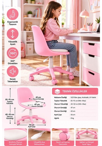 Pembe Ergonomik Çalışma Sandalyesi Yükseklik Ayarlı, 360 Döner, Minderli Ve Tekerlekli Çocuk Genç Odası Sandalyesi Pembe - Beyaz