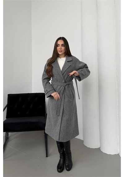 Neşeli Butik Kadın Antrasit Kuşaklı Reglan Kol Düğmeli Premium Kaşe Kaban Nbkbn01 Antrasit