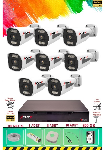 Fury 8 Kameralı 6 Warm Led Gece Renkli Görüş-cepten İzle-su Geçirmez Güvenlik Kamerası Seti 500gb