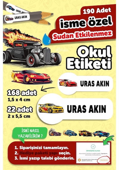 Okul Etiketi Kalem Defter İsimli Etiket Isim Yazılabilen Hot Wheels - 190 Adet Özel Tasarım Etiket Çok Renkli