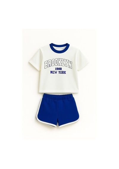 Luess Erkek Çocuk %100 Pamuklu Brooklyn Baskılı Şortlu Takım - Lacivert 3-4 Yaş 8-9 Yaş Lacivert