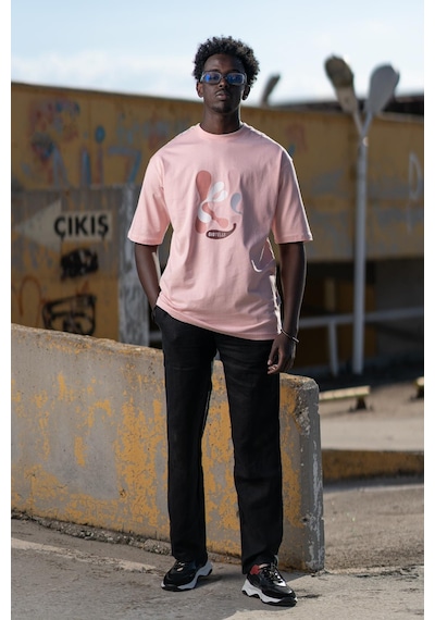 Bisiklet Yaka Lu Önü Baskılı Oversize Geniş Model T-Shirt Pembe
