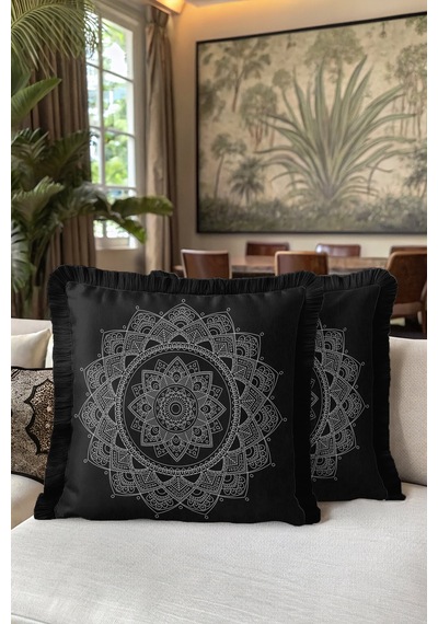 Mandala Sanatı Saçaklı Yastık Kılıfı - Siyah Bohem Stil Beyaz Motifli Püsküllü Kırlent Kılıfı Çok Renkli