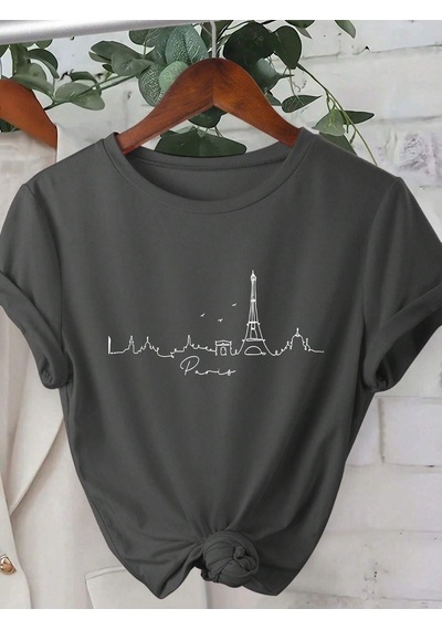 Flood Of Style Kadın Füme Çizgi Paris Baskılı Oversize Gri