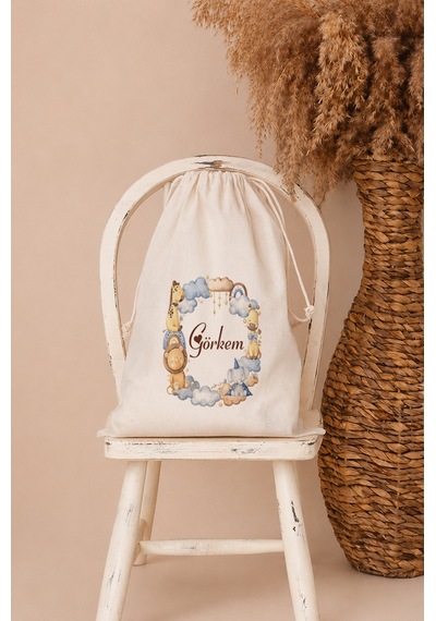 İsme Özel Erkek Bebek Çocuk Kıyafet Kesesi 30x40 Cm %100 Pamuk Ham Bez İsim Baskılı Yıkanabilir Kişiye Özel Kese 1057kk Ekru
