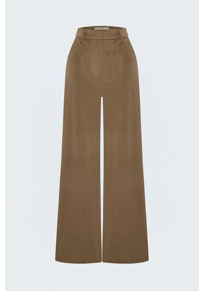 Sateen Yuksek Bel Kadife Pantolon Camel Taba
