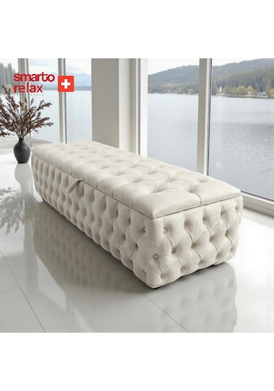 Smarto Relax Swiss Style Saas-fee Sandıklı Baby Face Puf, Kapitoneli Sandıklı, 100x45x45 Cm, Babyface Kaplama Dekoratif Puf Ekru