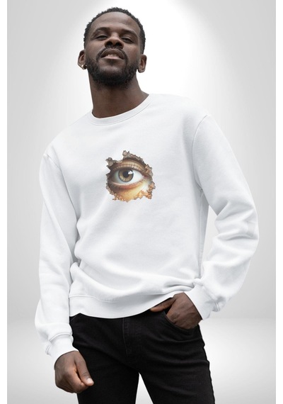 Duvardan Biri Bizi Gözetliyor Unisex Beyaz Baskılı Sweatshirt Beyaz