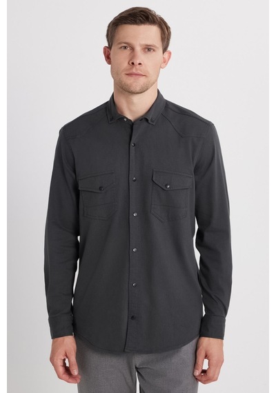 Tudors Erkek Regular Fit Rahat Kesim Çift Cepli Spor Yaka Denim Haki Gömlek-36860 Haki