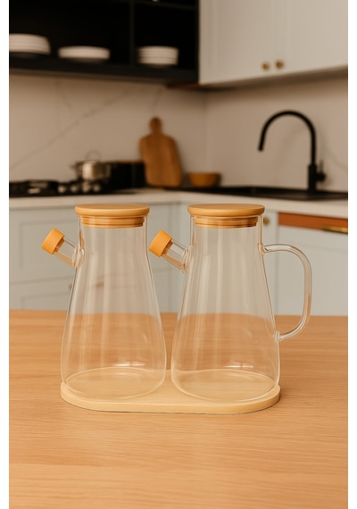 Makri Home 2'li 900 Ml Bambu Kapaklı Ve Altlıklı Borosilikat Cam Yağdanlık, Isıya Dayanıklı, Yağ/sirke/sosluk Sarı