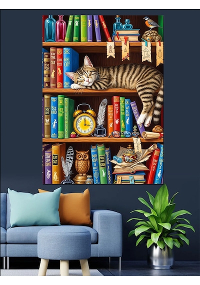 Ahşap Tablo Kitaplıkta Uyuyan Kedi Resmi