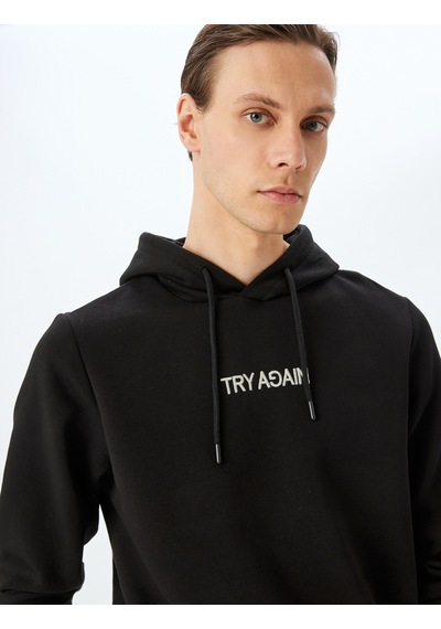Koton Slogan Baskılı Pamuk Karışımlı Şardonlu Kapşonlu Sweatshirt Siyah 5wam70242mk Siyah