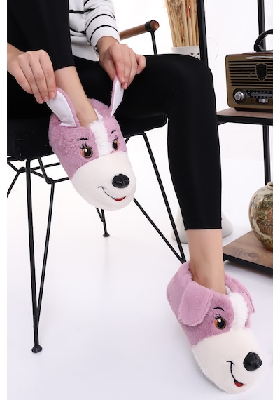 Wordex Hayvanlı H10 Köpekli Kışlık Kadın Erkek Çocuk Panduf Ev Içi Sessiz Taban Panduf Lila