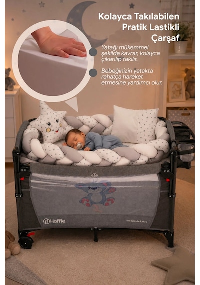 Deluxe Park Yatak Uyku Seti Bebek Beşik Örgülü Uyku Seti Pamuklu Kumaş 7 Parça
