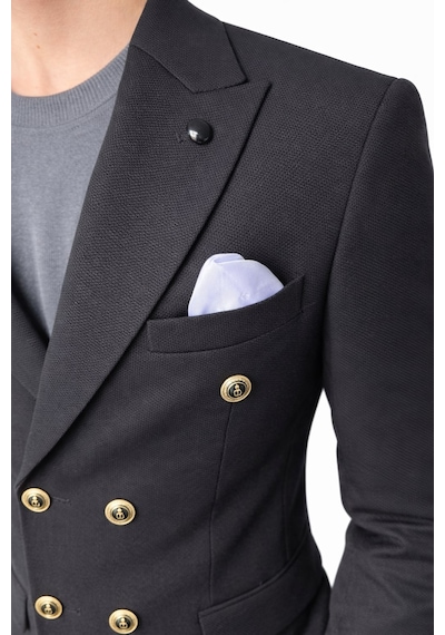 Erkek Kruvaze Gold Düğmeli Dokulu Likralı Kumaş Blazer Ceket Modern Kesim Şık Tasarım Siyah