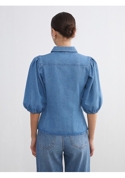 Lcw Comfort İndigo Balon Kollu Kadın Jean Gömlek