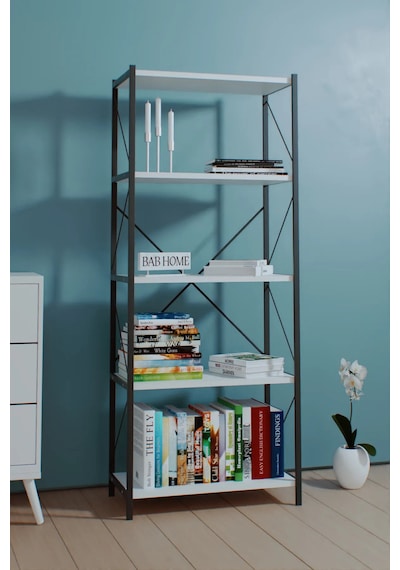 Dekoratif 5 Raflı Metal Kitaplık Dosya Kitap Rafı Ofis Rafı Beyaz