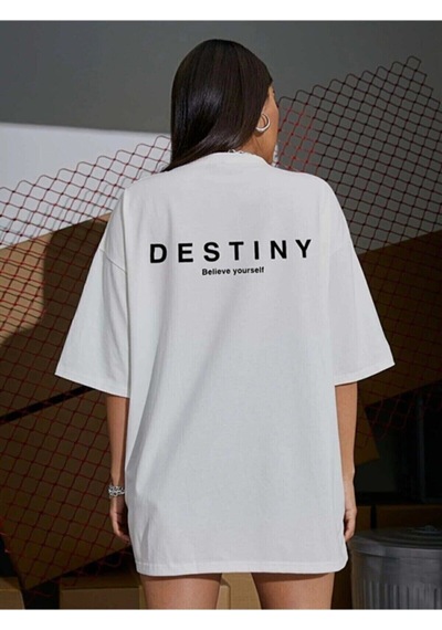 Flood Of Style Kadın Beyaz Destiny Baskılı Oversize Tshirt