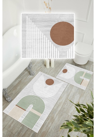 Dijital Baskı Modern Kaymaz Taban 2li Set Banyo Paspası Klozet Takımı 50x60cm-60x100cm Yeşil