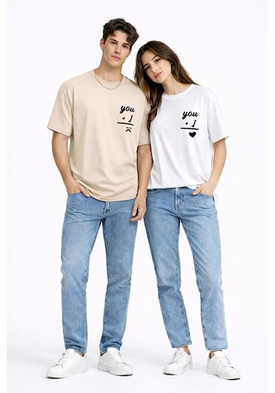 Sevgili Kombini You I Yazılı Çift Tişört Oversize Unisex Partner Kombin Seti Bej