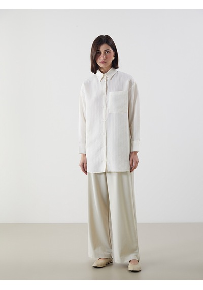 Lcw Modest Ekru Dokulu Oversize Kadın Gömlek Tunik