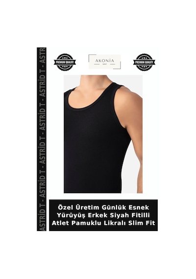Astrid T Özel Üretim Günlük Esnek Yürüyüş Erkek Siyah Fitilli Atlet Pamuklu Likralı Slim Fit