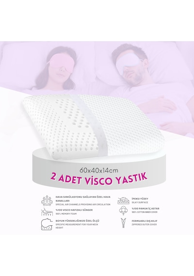 2'li Set Visco Hava Kanallı Ortopedik Yastık, 60x40x14cm