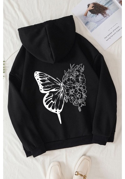 Uyguntarz Unisex Drawing Butterflies Sırt Baskılı Sweatshirt siyah