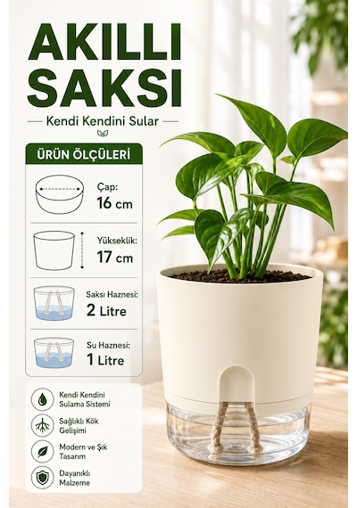 Akıllı Saksı Kendinden Sulamalı Fitilli Modern Dekoratif Saksı 2 Litre 76506094