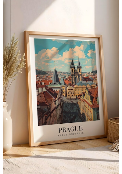 Prague Czech Republic Vintage Seyahat Posteri Çerçeveli Tablo - Premium Prag Elit Duvar Dekoru Kayın