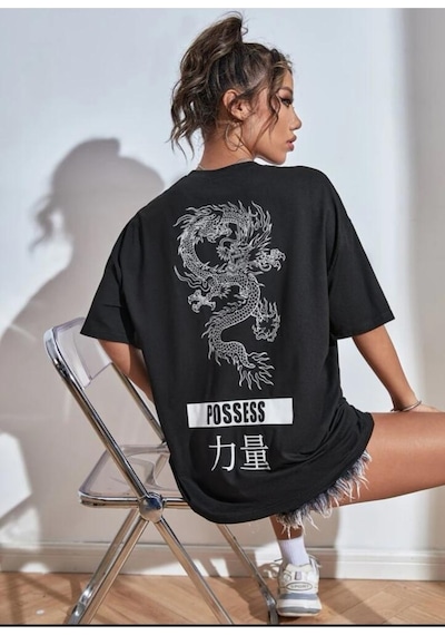 Kadın Siyah Oversize Pamuk Dragon Baskılı T-shirt Siyah